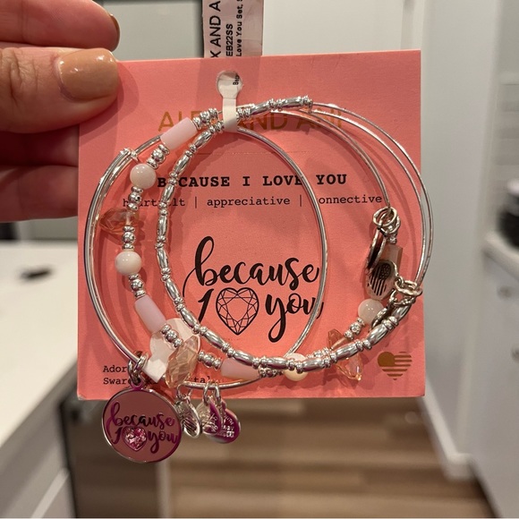 ALEX AND ANI Because I Love You Braclet Set Silver & Pink Swarovski Crystals - Picture 2 of 3